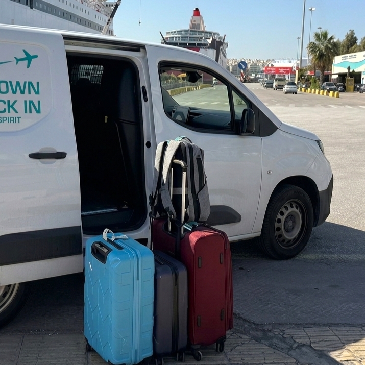 Athens luggage storage and delivery service with an In Town Check In van at Piraeus Port.